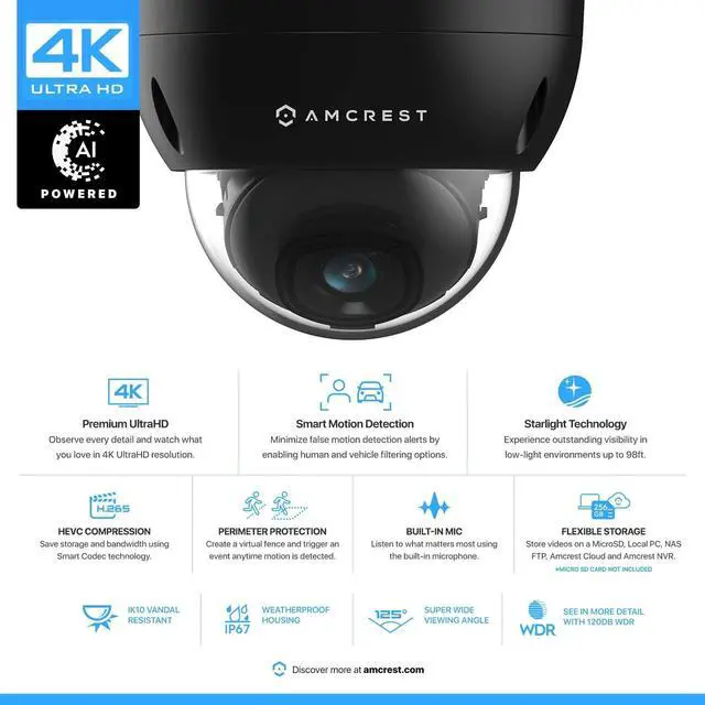 Alt view image 2 of 7 - Amcrest UltraHD 4K (8MP) Dome POE IP Camera, 3840x2160, 98ft NightVision, 2.8mm Lens, IP67 Weatherproof, 125° FOV, 256GB MicroSD Recording, Black (IP8M-2493EB-AI-V3)