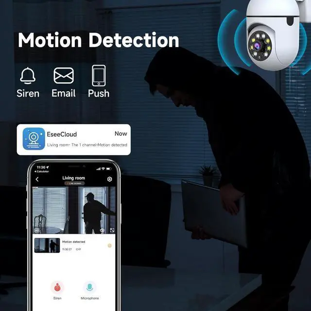 Alt view image 4 of 7 - 1080P Security Camera Wired, 2.4G/5G WiFi Home Surveillance Cam with 360° Pan/Tilt, Color Night Vision, Motion Detection, 2-Way Audio, SD/Cloud Storage, Compatible with Alexa