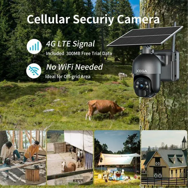 Alt view image 2 of 7 - Xega 4G LTE Cellular Security Camera Outdoor Solar Camera Wireless Built-in SIM Card, 2K HD Color Night Vision PTZ 360° View, Smart PIR Motion Detection, 2-Way Talk, No WiFi, IP66