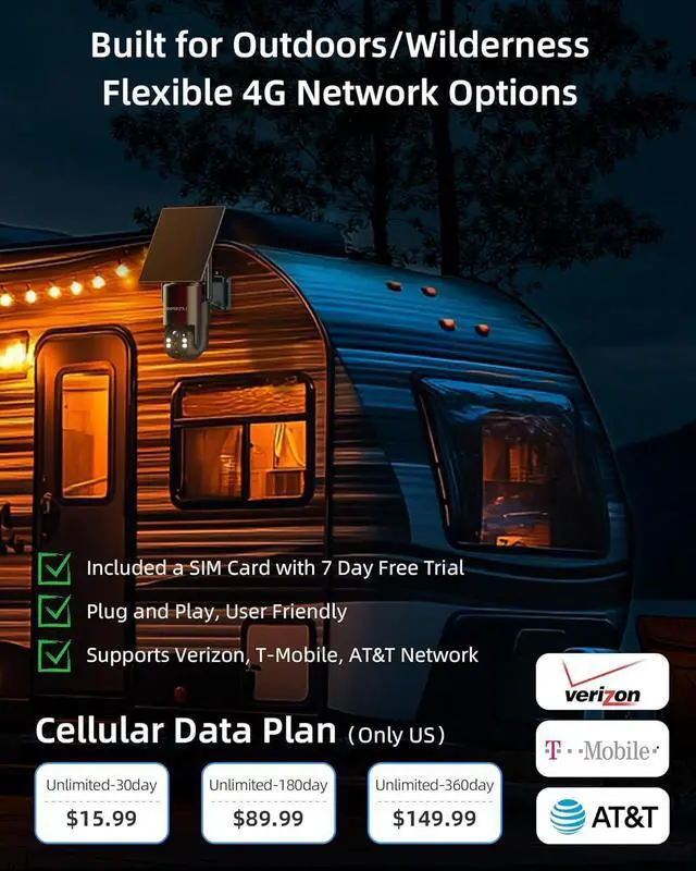 Alt view image 6 of 7 - 4G LTE Cellular Solar Security Camera Wireless Outdoor, No WiFi Solar Powered Outdoor, 2.5K Color Night Vision, AI Motion Detection, 360° PTZ Live View, 2 Way Talk, Built in SIM Card (2 Pack)