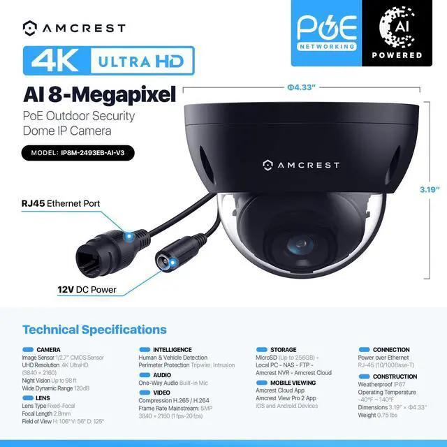 Alt view image 7 of 7 - Amcrest UltraHD 4K (8MP) Dome POE IP Camera, 3840x2160, 98ft NightVision, 2.8mm Lens, IP67 Weatherproof, 125° FOV, 256GB MicroSD Recording, Black (IP8M-2493EB-AI-V3)