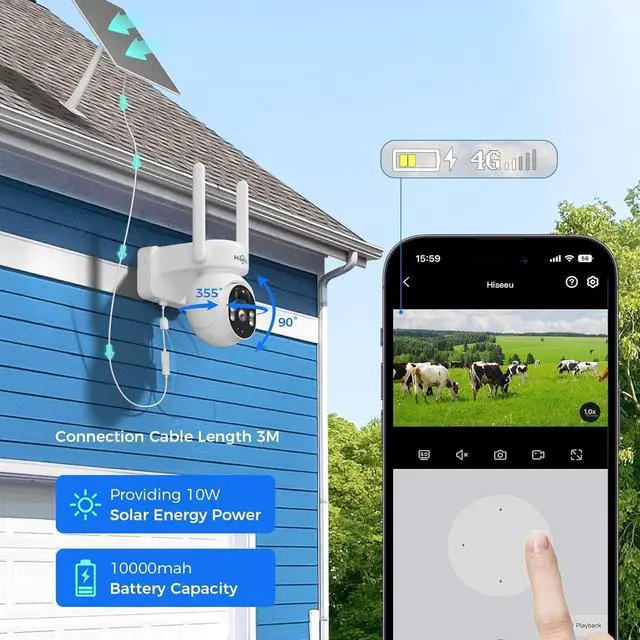 Alt view image 4 of 7 - Hiseeu 4G LTE Cellular Security Camera Solar Powered, No WiFi Security Cameras Wireless Outdoor, PIR Motion, 2 Way Talk, 360° PTZ, 2K Color Night Vision, 64G SD & SIM Card Included