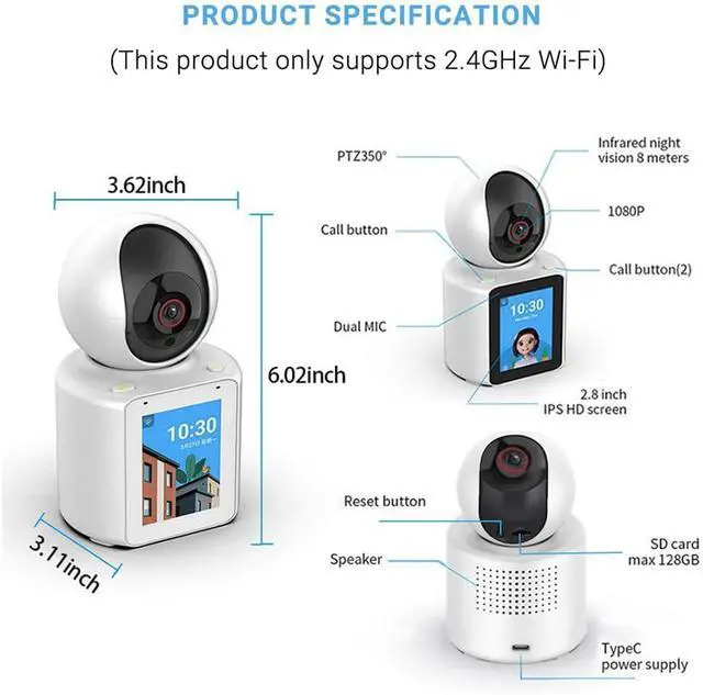 Alt view image 6 of 6 - Two-Way Video Camera 2.8-inch Screen,Pet Camera,Dog Camera,Indoor Home Nanny Camera,Baby/Elder/Nanny/Dog/Pet Camera with Phone App(Im Cam),360°Smart Security Camera,1080p HD