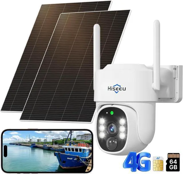 Main image of Hiseeu Cellular Security Camera, 4G Security Camera Wireless Outdoor, No WiFi Needed, Solar Powered, PIR Motion Detection, Color Night Vision, Easy to Setup, 64G SD & SIM Card (24/7 Recording New)