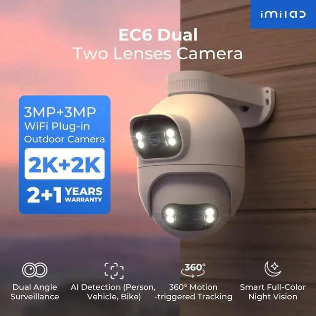 Alt view image 2 of 7 - IMILAB EC6 Dual 2K+2K Plug-in Outdoor Security Camera: Outdoor Camera for Home Security w/Motion Spotlight/Siren, Wired 360° Rotate Cam, Person Tracking, 24/7 Continuous Recording, Color Night Vision