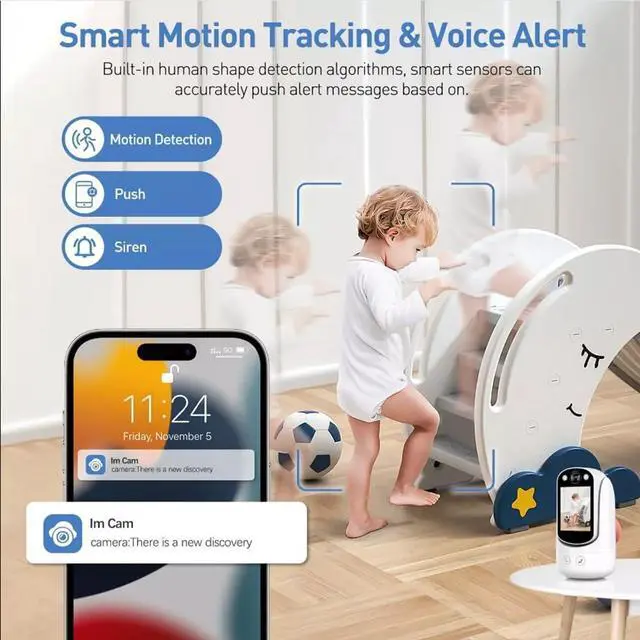 Alt view image 6 of 7 - Video Call Security Camera Indoor, Nanny Camera Baby Camera Pet Camera,2-Way Video Call,2-Way Audio, 360°Pan/Tilt WiFi Camera for Home Security, Motion Tracking, 1080P 2.8 inch HD Screen,Night Vision