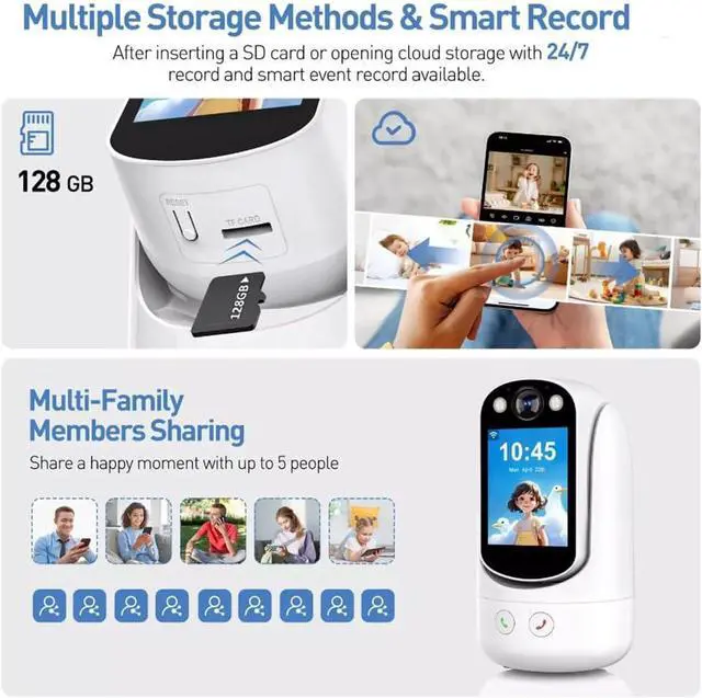 Alt view image 7 of 7 - Video Call Security Camera Indoor, Nanny Camera Baby Camera Pet Camera,2-Way Video Call,2-Way Audio, 360°Pan/Tilt WiFi Camera for Home Security, Motion Tracking, 1080P 2.8 inch HD Screen,Night Vision