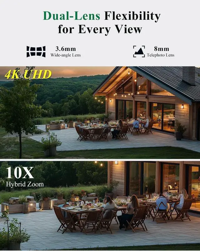 Alt view image 3 of 7 - Ctronics [10X Hybrid Zoom] Dual-Lens 4K 8MP Security Camera Outdoor, Auto Tracking & Zoom, 2.4/5GHz WiFi, AI Human/Vehicle/Animal Detection, 256GB TF/Cloud/FTP/NAS Storage, Color Night Vision