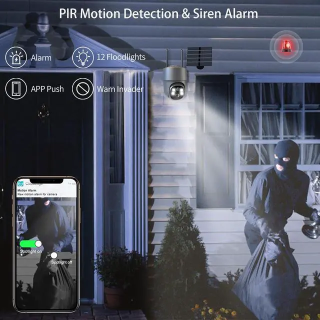 Alt view image 5 of 7 - Solar Security Cameras Wireless Outdoor, Mulit-Functional Home Security WiFi Camera with PIR Motion Detection & Floodlight, Weatherproof for Garden Front/Back Yard (2.4G WiFi Camera Grey)