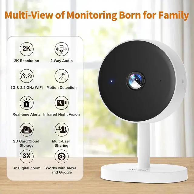 Alt view image 2 of 7 - Alaga WiFi Indoor Security Camera, Baby Monitor, AI Motion Detection, 2 Way Audio, Night Vision, Cloud and SD Card Storage, Compatible with Alexa and Google Assistant, with 32G TF Card