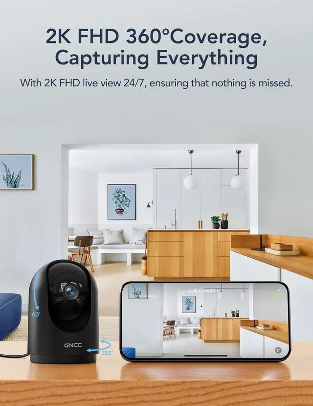 Alt view image 4 of 7 - GNCC 2K Security Camera Indoor 360° WiFi Cameras for Home Security with Motion Detection, Pet/Dog/Baby Camera with Phone app, Baby Monitor&Night Vision, TF/Cloud Storage(Not Included) 2.4Ghz WiFi