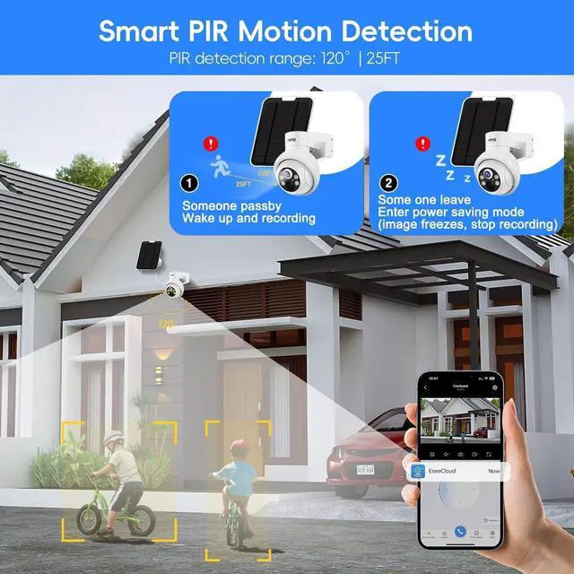 Alt view image 4 of 7 - Solar Security Cameras Outdoor, 4MP PTZ Solar Panel for Security Cameras, Battery Powered Wireless Cameras for Home with 128GB Card, PIR Motion Detection, Color Night Vision, Compatible with Alexa