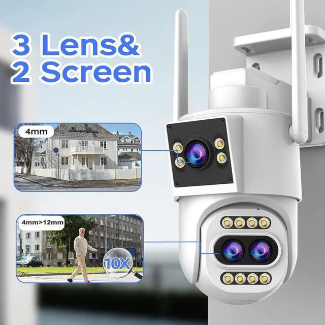 Alt view image 2 of 7 - JOOAN Outdoor Security Camera 2Kx3 3Lens 2 Screen10X Optical Zoom & Auto Tracking Home Surveillance IP Cam 360°PTZ 2.4G WiFi Wired IP66 Waterproof Motion Alert,8-256G Card/Cloud Storage,Siren Alarm