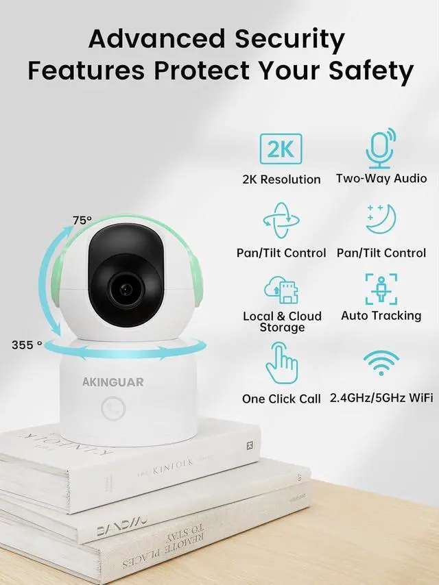 Alt view image 2 of 7 - 2K Security Camera for Home, 360°Pan Indoor Security Cameras with Motion Detection & One-Touch Call, Color Night Vision, Green