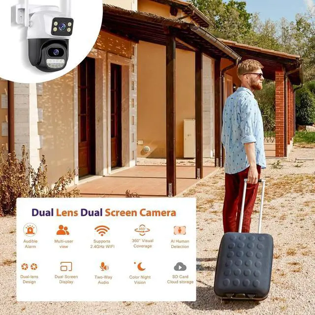 Alt view image 5 of 7 - Security Camera Outdoor 2.4G WiFi PTZ Outdoor Camera Dual Lens Home Security Cameras Linkage 360°View 4MP Plug-in Cable Two-Way Talk,AI Detection,Full-Color Night Vision,Auto Tracking,24/7 Recording