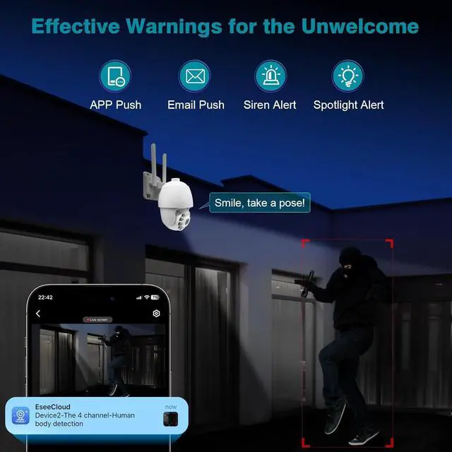 Alt view image 5 of 6 - 360° View Pan/Tilt/Digital Zoom 5MP WiFi Security Camera Outdoor, Motion Detection, Humanoid Tracking, Floodlight&Siren Alarm, Color Night Vision, PC&Mobile Remote View, Two-Way Audio PTZ