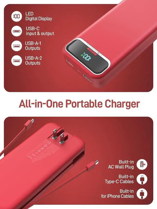 Alt view image 3 of 7 - Portable Charger Power Bank with Built in Cables and AC Wall Plug,PD20W&SCP22.5W USB-C Super Fast Charging,20000mAh Travel Phone Charging,LED Display Battery Pack Compatible All iPhone Samsung etc