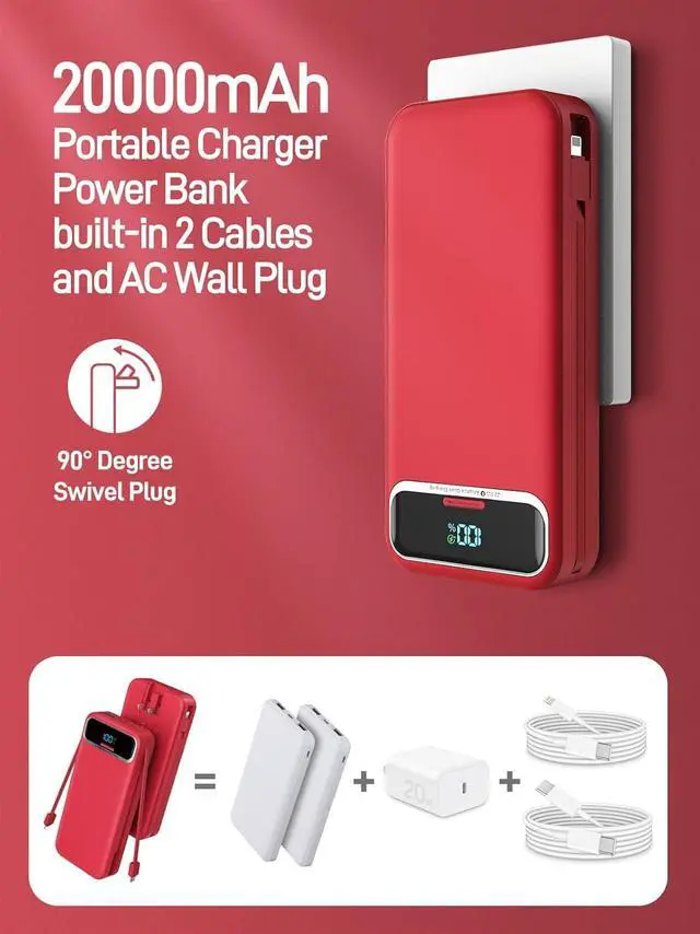Alt view image 2 of 7 - Portable Charger Power Bank with Built in Cables and AC Wall Plug,PD20W&SCP22.5W USB-C Super Fast Charging,20000mAh Travel Phone Charging,LED Display Battery Pack Compatible All iPhone Samsung etc