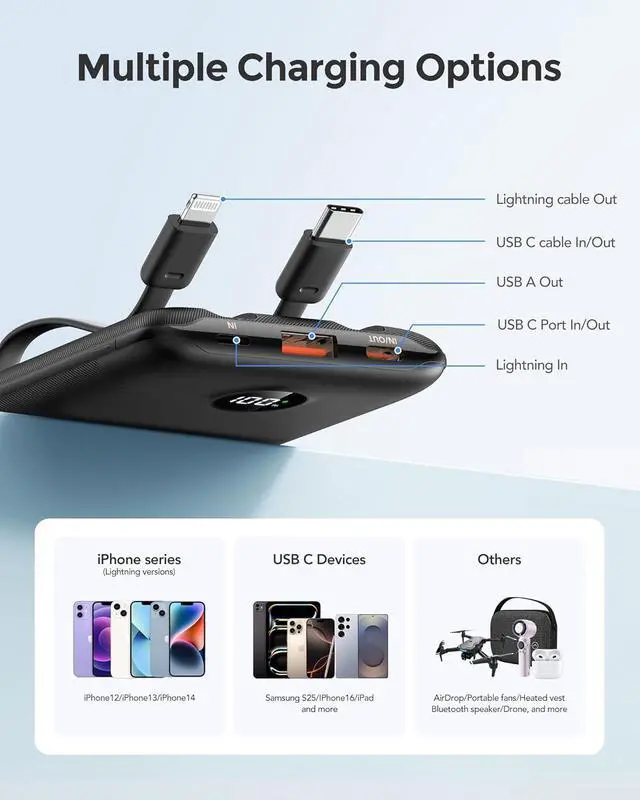 Alt view image 6 of 7 - Mini Portable Charger with Built-in Cables 22.5W Fast Charging Power Bank USB-C Small Battery Pack 10000mAh Travel Essential Slim Battery for iPhone 16/15/14, Samsung 25/24, and More