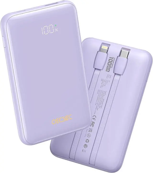 Main image of Portable Charger 10000mAh, Cell Phone Portable Power Banks with 22.5W PD Fast Charging, Compact Phone Charger Built in Cable, Compatible with Apple, Samsung, Google, Motorola and More