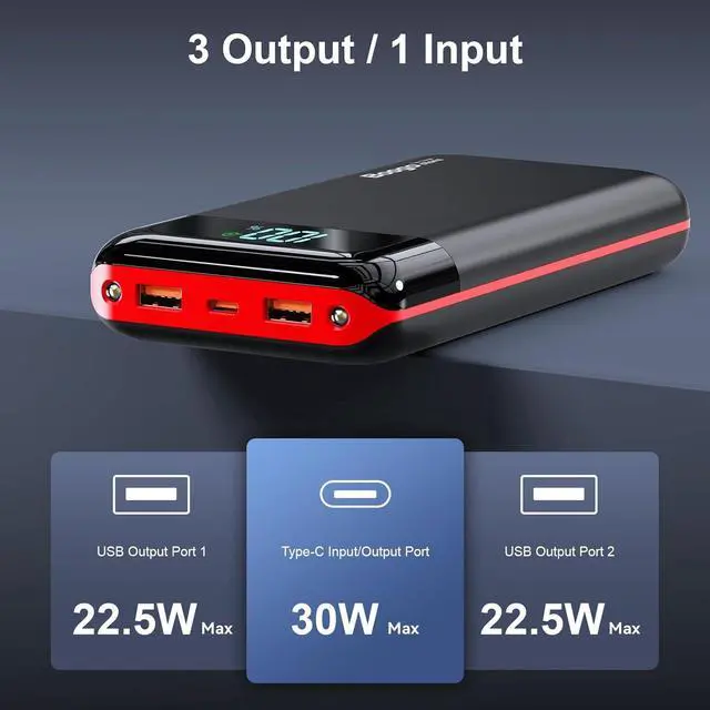 Alt view image 7 of 7 - Portable Charger Power Bank 52800mAh Powerbank PD 30W and QC 4.0 Fast Charging Built-in Bright flashlight LED Display 2 USB 1Type-C Output External Battery Pack for iPhone, Samsung, iPad etc (red)