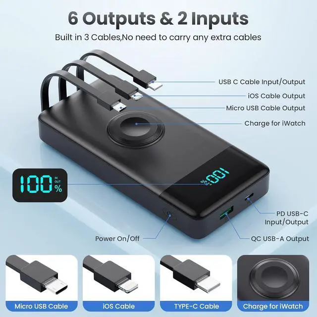 Alt view image 3 of 7 - Portable Charger with Built-in Cables and iWatch Charger,10800mAh QC4.0+PD 25W Fast Charging USB C Power Bank,6 Outputs LCD Display Travel Battery Pack for iPhone 16/15/14/13, Android,Apple Watch etc
