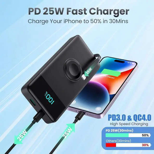 Alt view image 4 of 7 - Portable Charger with Built-in Cables and iWatch Charger,10800mAh QC4.0+PD 25W Fast Charging USB C Power Bank,6 Outputs LCD Display Travel Battery Pack for iPhone 16/15/14/13, Android,Apple Watch etc
