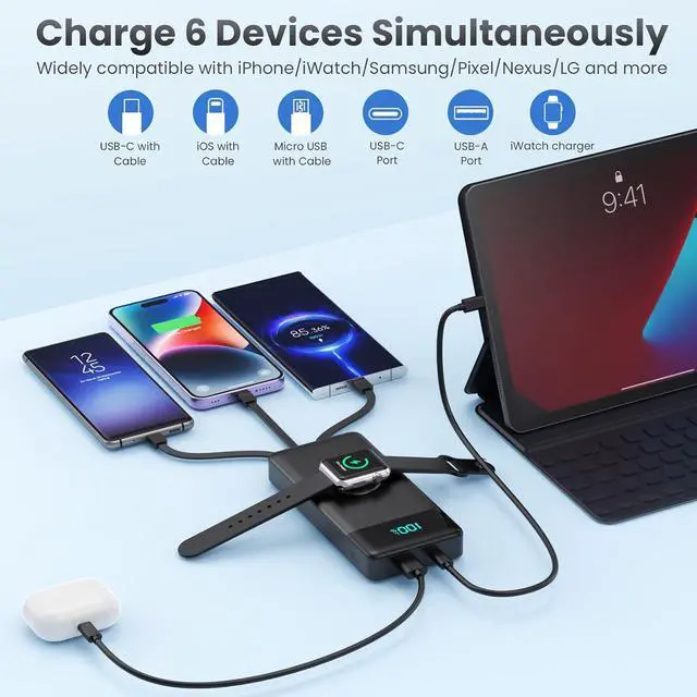 Alt view image 5 of 7 - Portable Charger with Built-in Cables and iWatch Charger,10800mAh QC4.0+PD 25W Fast Charging USB C Power Bank,6 Outputs LCD Display Travel Battery Pack for iPhone 16/15/14/13, Android,Apple Watch etc