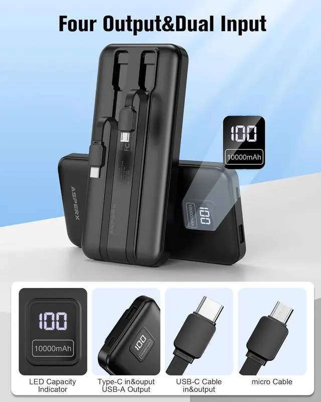 Alt view image 2 of 7 - AsperX 2-Pack 10000mAh Portable Charger with Built-in Cables, USB-C Output Power Bank Fast Charging, LED Display Travel Essential Battery Pack for iPhone Android Google Pixel LG iPad Heated Vest, etc
