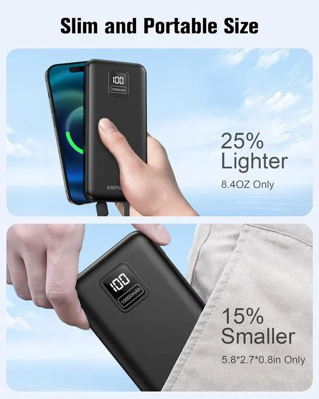 Alt view image 5 of 7 - AsperX 2-Pack 10000mAh Portable Charger with Built-in Cables, USB-C Output Power Bank Fast Charging, LED Display Travel Essential Battery Pack for iPhone Android Google Pixel LG iPad Heated Vest, etc