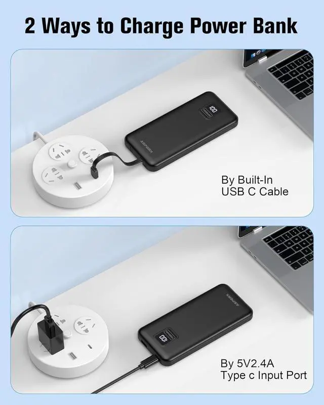 Alt view image 6 of 7 - AsperX 2-Pack 10000mAh Portable Charger with Built-in Cables, USB-C Output Power Bank Fast Charging, LED Display Travel Essential Battery Pack for iPhone Android Google Pixel LG iPad Heated Vest, etc