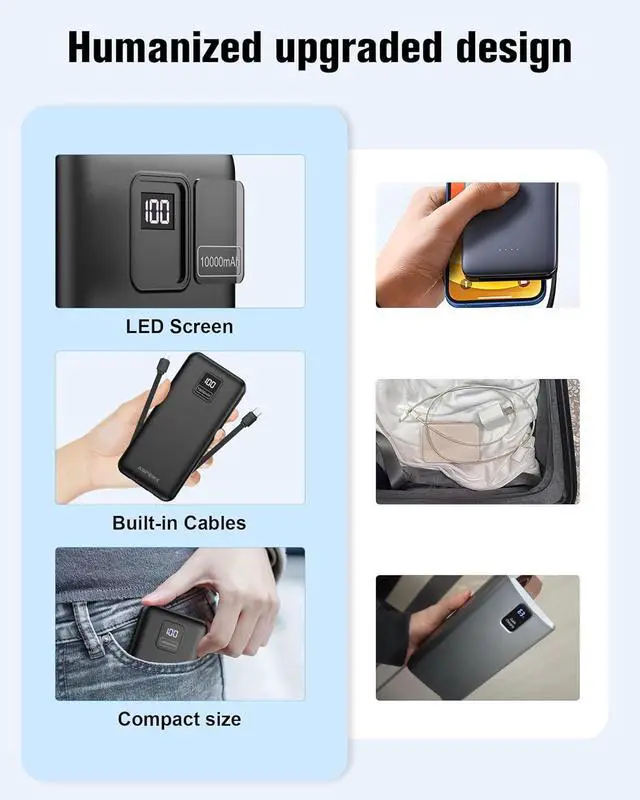 Alt view image 7 of 7 - AsperX 2-Pack 10000mAh Portable Charger with Built-in Cables, USB-C Output Power Bank Fast Charging, LED Display Travel Essential Battery Pack for iPhone Android Google Pixel LG iPad Heated Vest, etc
