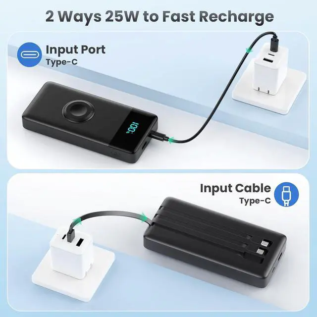 Alt view image 6 of 7 - Portable Charger with Built-in Cables and iWatch Charger,10800mAh QC4.0+PD 25W Fast Charging USB C Power Bank,6 Outputs LCD Display Travel Battery Pack for iPhone 16/15/14/13, Android,Apple Watch etc