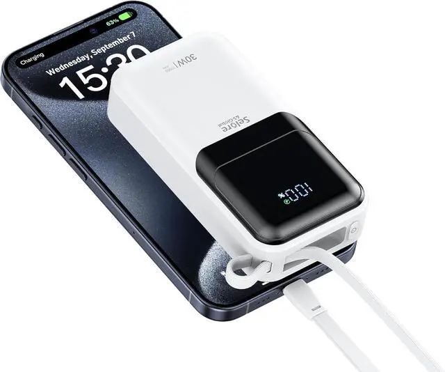 Main image of PD 30W Fast Charging Portable iPhone Charger 10 000mAh Mini Size Power Bank with Built in USB C & Lightning Cable, LED Display, Travel Battery Pack for iPhone 16/15/14/13 Series Samsung etc