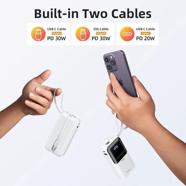 Alt view image 3 of 7 - PD 30W Fast Charging Portable iPhone Charger 10 000mAh Mini Size Power Bank with Built in USB C & Lightning Cable, LED Display, Travel Battery Pack for iPhone 16/15/14/13 Series Samsung etc