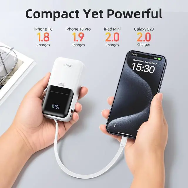 Alt view image 4 of 7 - PD 30W Fast Charging Portable iPhone Charger 10 000mAh Mini Size Power Bank with Built in USB C & Lightning Cable, LED Display, Travel Battery Pack for iPhone 16/15/14/13 Series Samsung etc