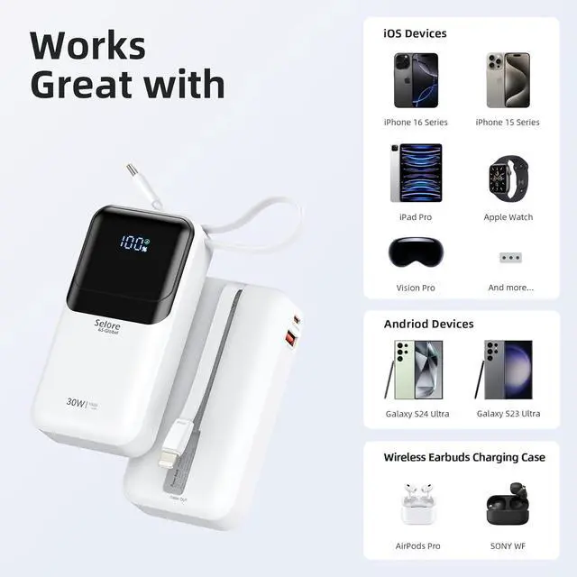 Alt view image 5 of 7 - PD 30W Fast Charging Portable iPhone Charger 10 000mAh Mini Size Power Bank with Built in USB C & Lightning Cable, LED Display, Travel Battery Pack for iPhone 16/15/14/13 Series Samsung etc
