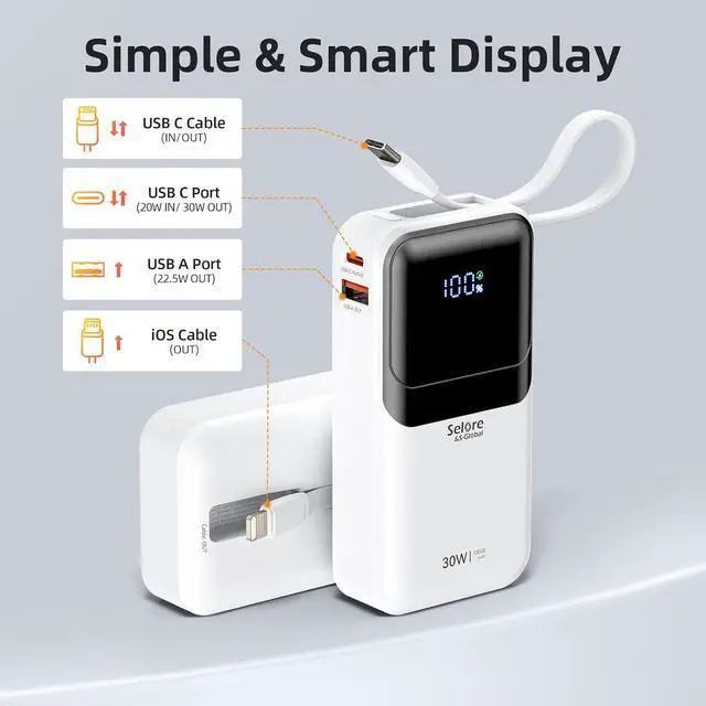 Alt view image 6 of 7 - PD 30W Fast Charging Portable iPhone Charger 10 000mAh Mini Size Power Bank with Built in USB C & Lightning Cable, LED Display, Travel Battery Pack for iPhone 16/15/14/13 Series Samsung etc