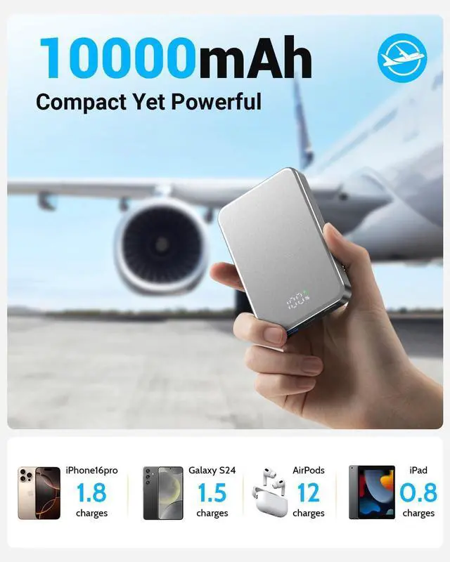 Alt view image 2 of 5 - for Magsafe Portable Charger, Aluminum Alloy Small 10000mAh 20W PD Magnetic Power Bank, USB-C in&Out Wireless Battery Pack Phone Charger for iPhone 16/15/14/13/12 Plus Pro Max Series -Silvery