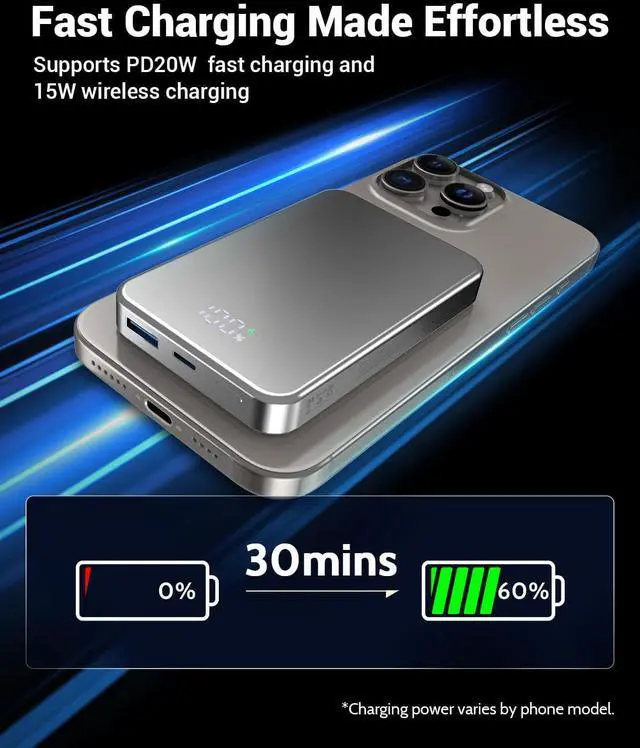 Alt view image 3 of 5 - for Magsafe Portable Charger, Aluminum Alloy Small 10000mAh 20W PD Magnetic Power Bank, USB-C in&Out Wireless Battery Pack Phone Charger for iPhone 16/15/14/13/12 Plus Pro Max Series -Silvery