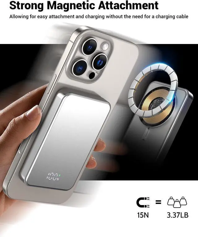 Alt view image 5 of 5 - for Magsafe Portable Charger, Aluminum Alloy Small 10000mAh 20W PD Magnetic Power Bank, USB-C in&Out Wireless Battery Pack Phone Charger for iPhone 16/15/14/13/12 Plus Pro Max Series -Silvery