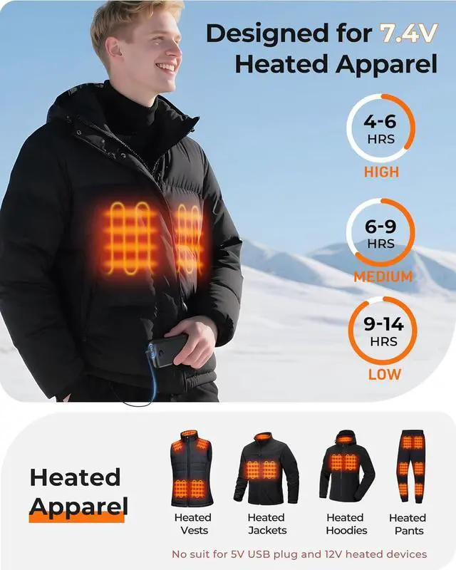 Alt view image 2 of 6 - Heated Vest Battery Pack 16000mAh 7.4V, Battery Pack for Heated Vest Compatible with ORORO and Venustas, Rechargeable Power Bank for Heated Vest, Heated Jacket with DC/USB/Type-C Output LED Display