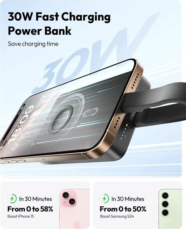 Alt view image 2 of 7 - ROMOSS MagSafe Portable Charger, 10000mAh Magnetic Power Bank with 30W USB-C Fast Charging & 15W Wireless Charging, Travel Backup Battery Pack for Apple Watch, AirPods, iPhone 16/15/14/13/12 Series