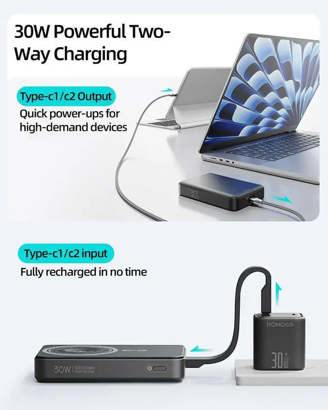 Alt view image 6 of 7 - ROMOSS MagSafe Portable Charger, 10000mAh Magnetic Power Bank with 30W USB-C Fast Charging & 15W Wireless Charging, Travel Backup Battery Pack for Apple Watch, AirPods, iPhone 16/15/14/13/12 Series