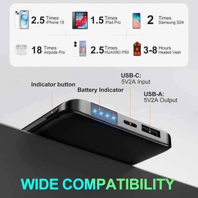 Alt view image 5 of 6 - Heated Vest Battery Pack, Ultra Compact and Thin 5V 2A USB Power Bank, 10,000 mAH Portable Charger, Rechargeable Battery for Men Women Heated Jacket, Pants, Clothing, iPhone, Samsung Etc.