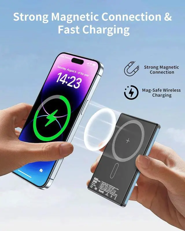 Alt view image 2 of 7 - ZBF Wireless Portable Charger,5000mAh Slim Magnetic Power Bank Phone Charger with USB-C Cable, PD 20W Fast Charging MagaSafe Battery Pack Travel Charger for Phone 16 15 14 13 12 Pro Max(Blue)