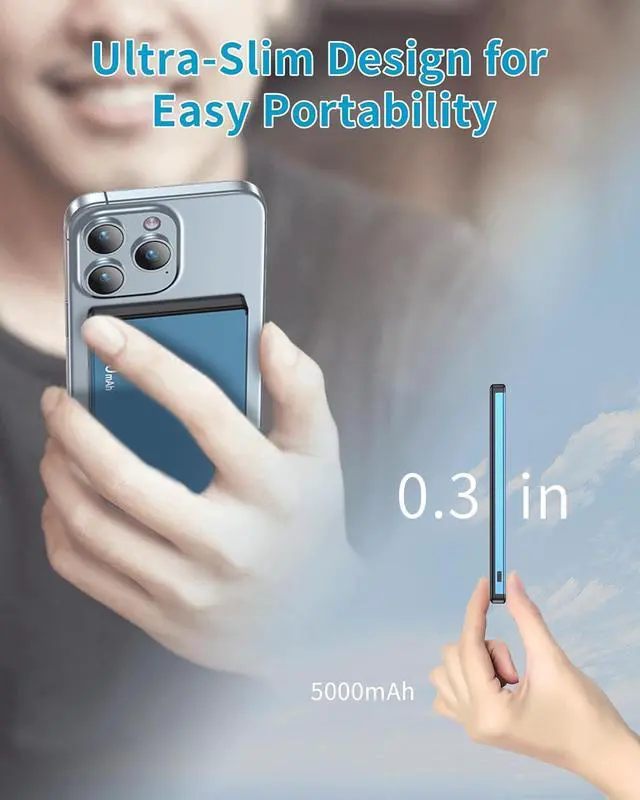 Alt view image 3 of 7 - ZBF Wireless Portable Charger,5000mAh Slim Magnetic Power Bank Phone Charger with USB-C Cable, PD 20W Fast Charging MagaSafe Battery Pack Travel Charger for Phone 16 15 14 13 12 Pro Max(Blue)