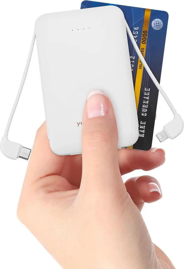 Main image of Power Bank, Slimmest 5000mAh Portable Charger with Built in USB-C Cables, USB C in&Out Charging Battery Pack, External Phone Powerbank Compatible with iPhone, Android, White