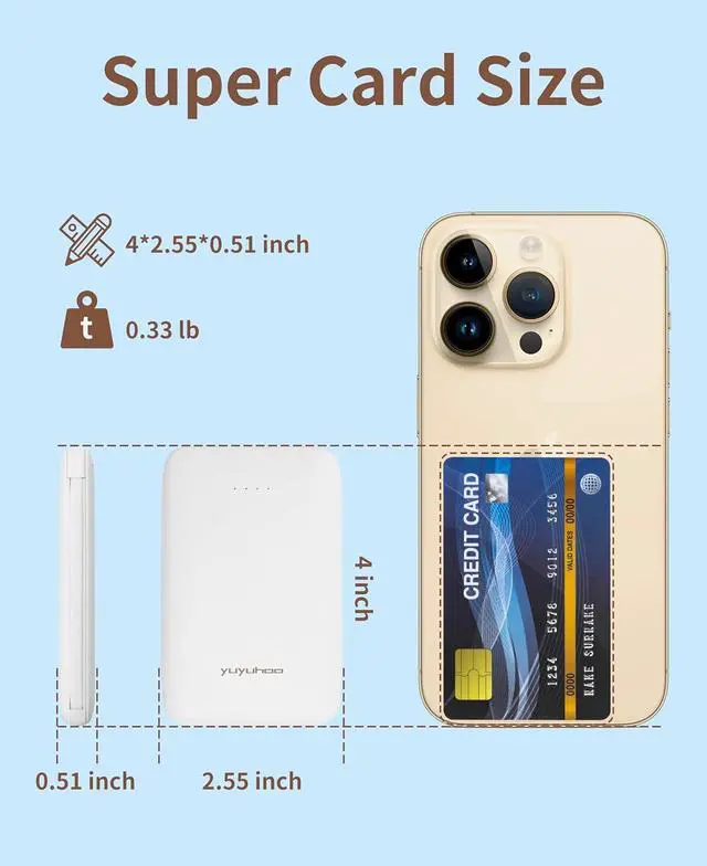 Alt view image 2 of 7 - Power Bank, Slimmest 5000mAh Portable Charger with Built in USB-C Cables, USB C in&Out Charging Battery Pack, External Phone Powerbank Compatible with iPhone, Android, White