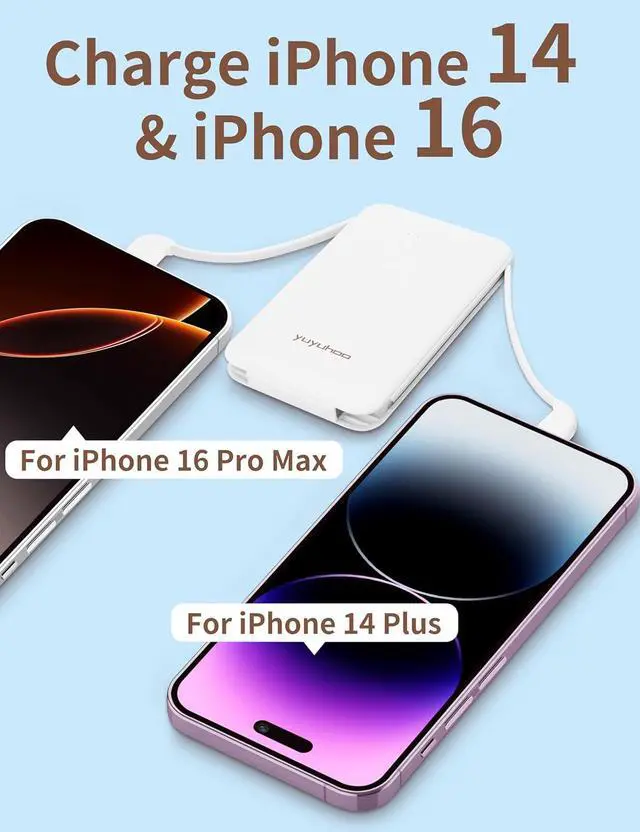 Alt view image 3 of 7 - Power Bank, Slimmest 5000mAh Portable Charger with Built in USB-C Cables, USB C in&Out Charging Battery Pack, External Phone Powerbank Compatible with iPhone, Android, White